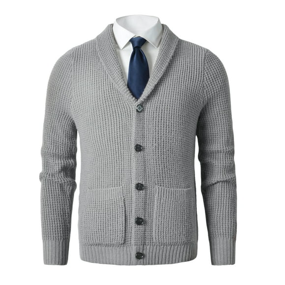 Men's Shawl Collar Cardigan Sweater Slim Fit Cable Knit Button up Merino wool Sweater_Grey_Medium