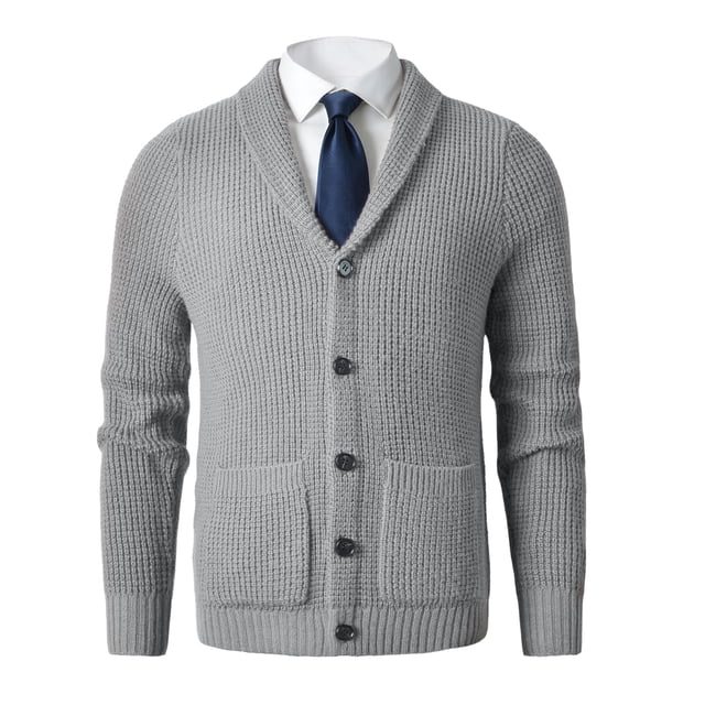 Men's Shawl Collar Cardigan Sweater Slim Fit Cable Knit Button up Merino wool Sweater_Grey_X-Large