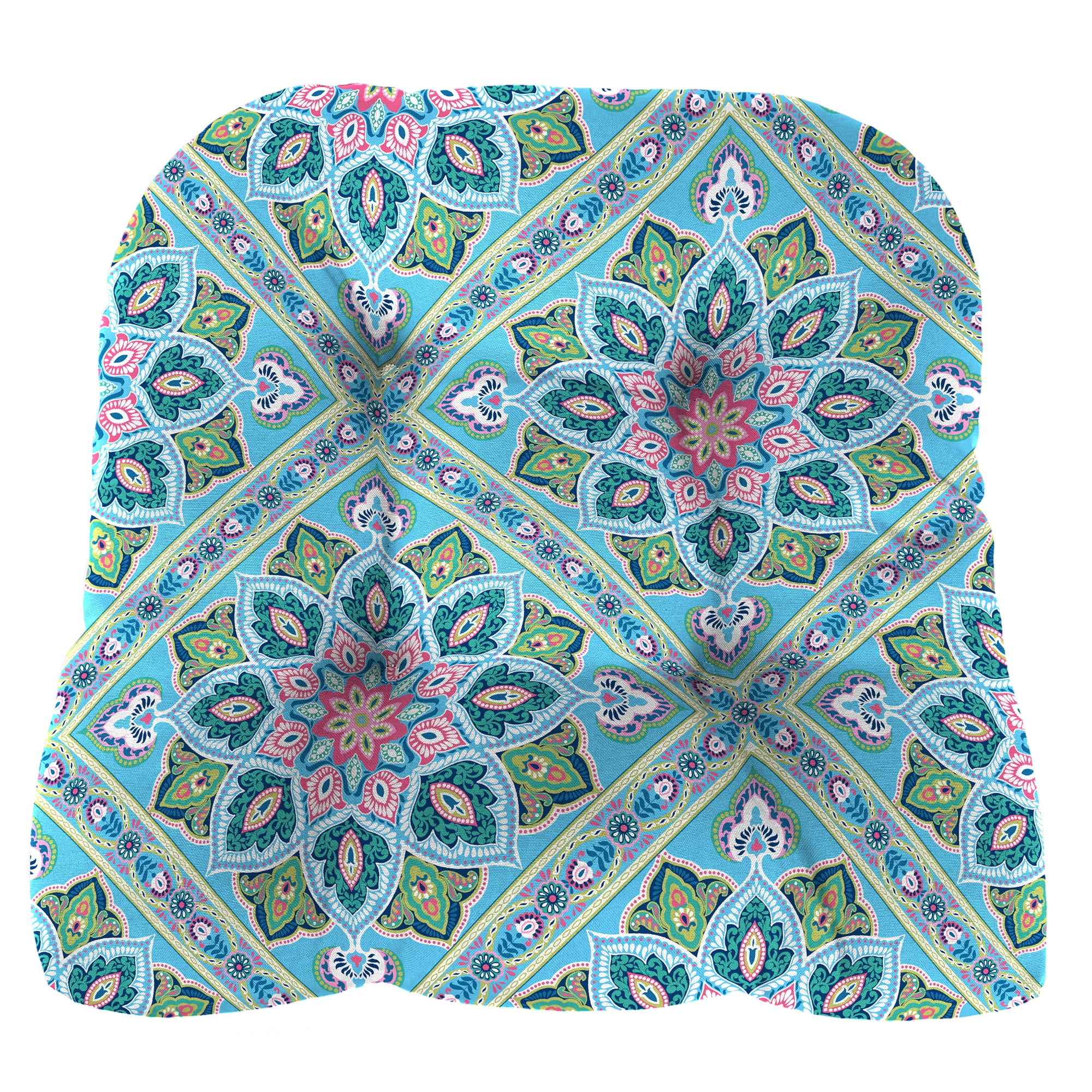 Jordan Manufacturing 18" x 18" Medlo Island Teal Medallion Square Tufted Outdoor Wicker Seat Cushion with Rounded Back Corners (2 Pack)