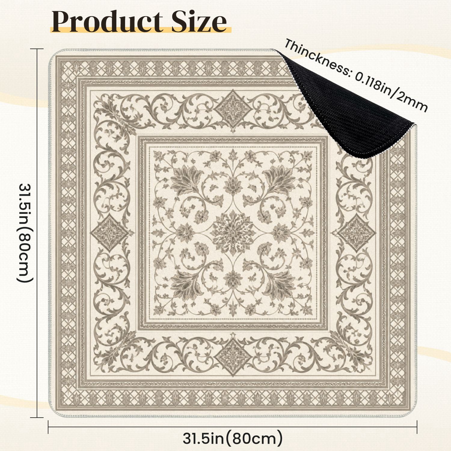 Mahjong Mat 31.5" x 31.5" Ornate Vintage Floral Square Intricate Vine Motifs Neutral Beige Tones Non-Slip Noise Reduction Mahjong Tiles Table Cover for Dominoes Poker Card Board and Tile Games