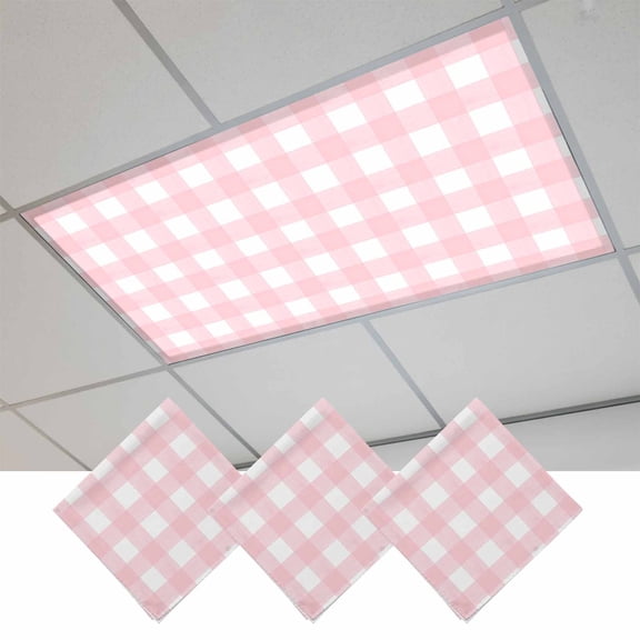 Pink Buffalo Plaid Fluorescent Light Covers, Farmhouse Pink White Checkered Magnetic Light Covers for Ceiling Lights, Fluorescent Ceiling Shade Filters for Classroom Bedroom Office 4x2Ft x 3PCS