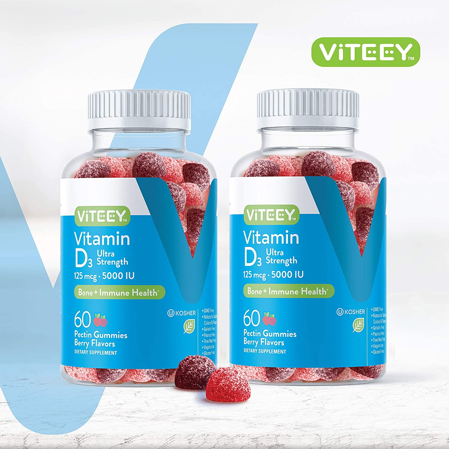 VITEEY Vitamin D3 Gummies 5000 IU, Bone and Immune Support, Berry Flavor, 60 Count, 2 Pack