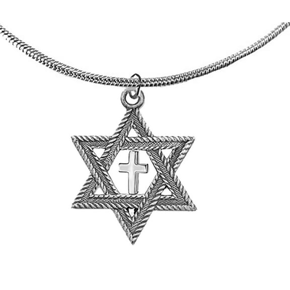 Messianic Christian Jewish Antique Silvertone Star Of David,With Polished Silvertone Cross On A Adjustable  18 To 21 Inch Snake Chain Necklace, Hypoallergenic-Safe, No Nickel, Lead, Or Cadmium In The