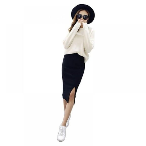 Women's Solid Basic Elegant Plain Cotton Stretch Office Pencil Skirt Below Knee Slim Long Skirts,Black