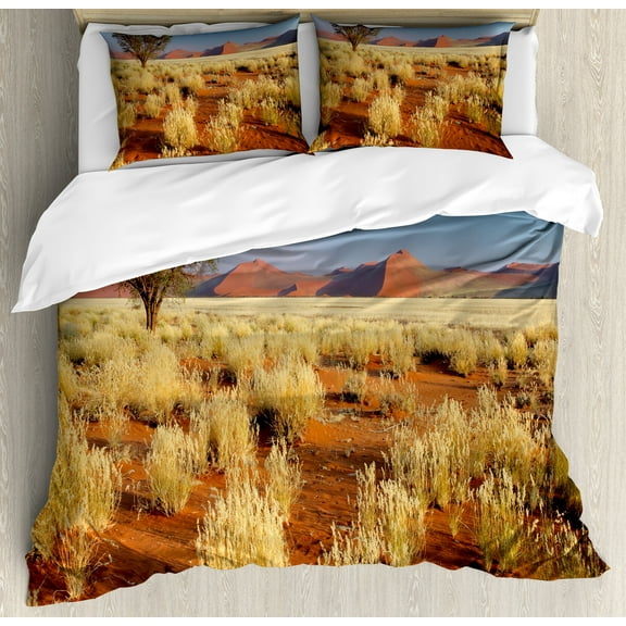 Landscape Duvet Cover Set, Plant Theme Tree Desert Sossusvlei Namibia Southern Africa Photo Print, Decorative 3 Piece Bedding Set with 2 Pillow Shams, Queen Size, Sky Blue and Marigold, by Ambesonne