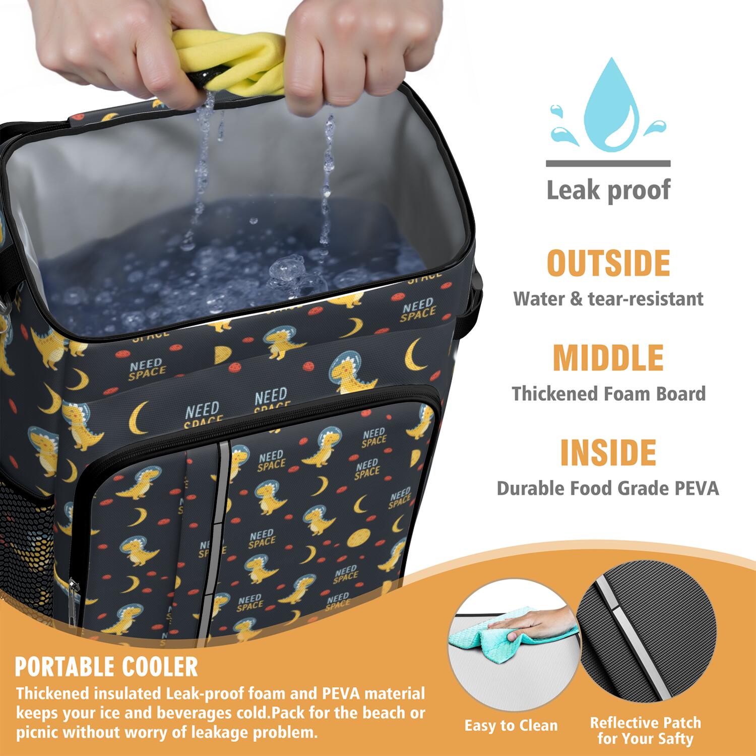 Travel Cooler Bag - DarkBlue Cartoon Dinosaurs Astronauts Pattern Camping Beer Cooler Backpack with Bottle Opener- Waterproof Insulated Picnic Backpacks - Cooler Bag for Beach