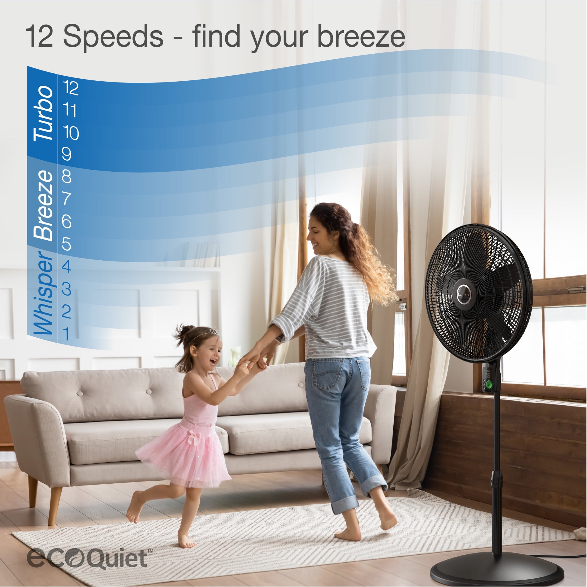 Lasko WhisperForce 18" 12 Speed Oscillating Remote Control DC Motor Pedestal Fan, Black, S18708
