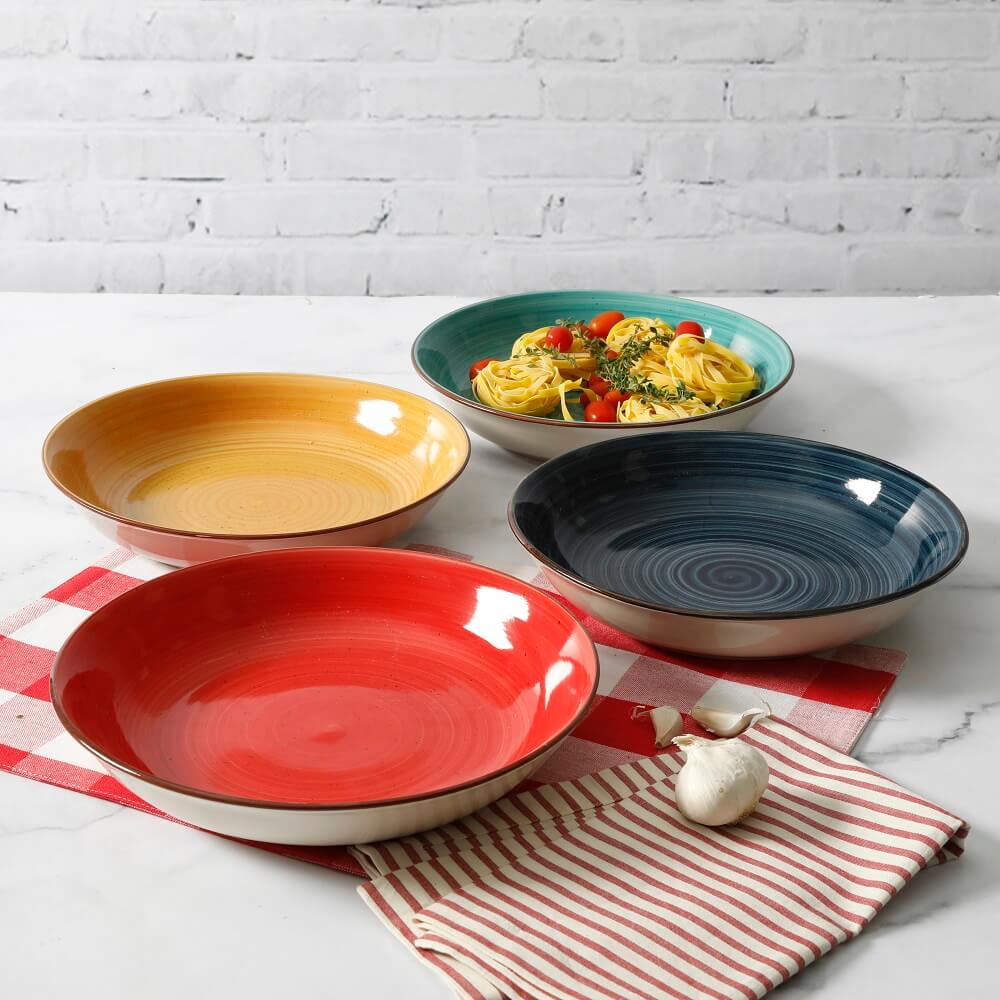 Large Ceramic Pasta Bowl Set 8 1/4" Colorful 4 pc Pasta Soup Set