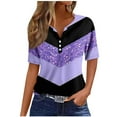 thumbnail image 2 of Alllist Womens Tops Clearance Under $10 Purple Elbow-Length Graphic Notch Neck Button T-Shirts Women's Blouse, 2 of 5