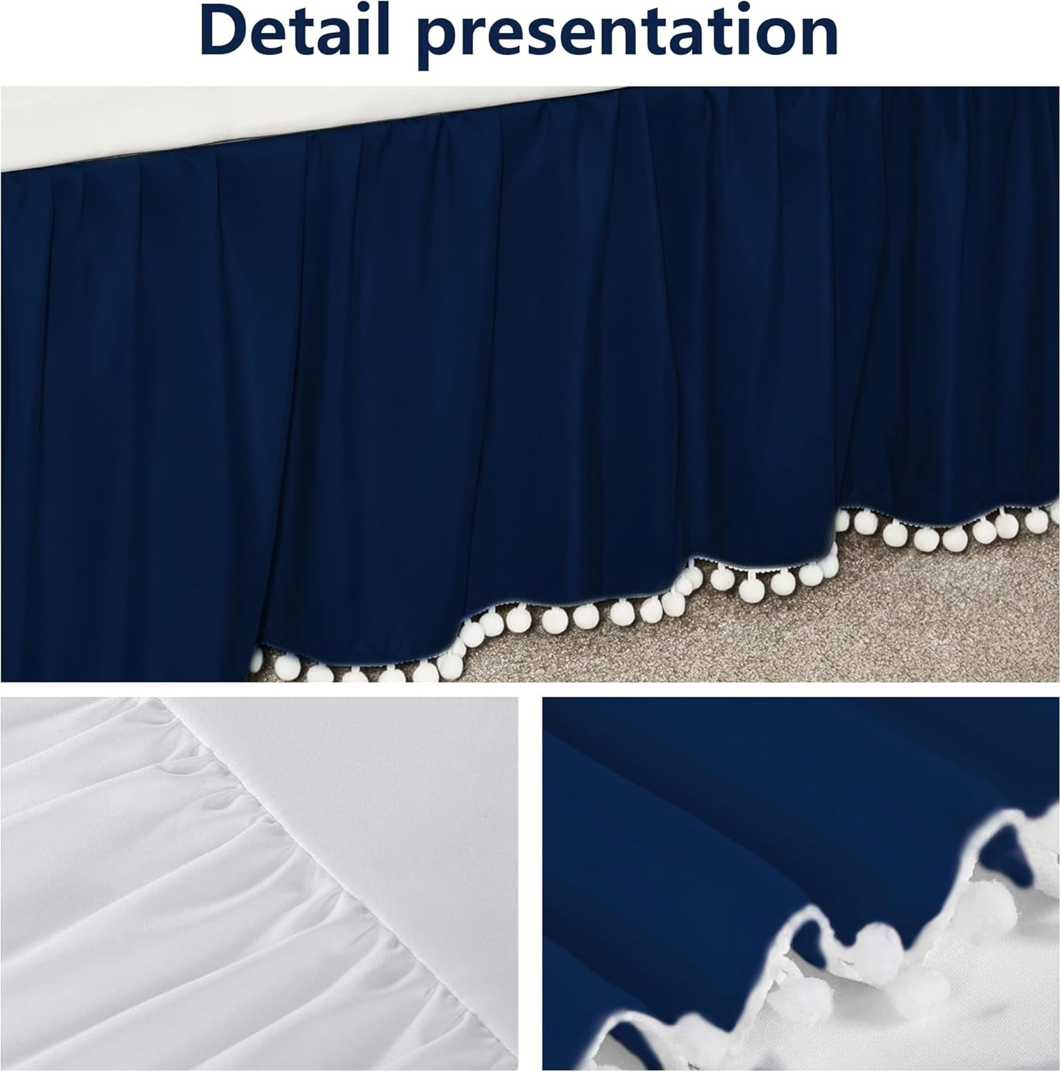 Ruffled Crib Skirt with Pompoms:Crib Bed Skirt with 14" Drop,Mini Crib Bedding Toddler Skirt,Baby Crib Accessories for Baby Boys Girls,28" X 52" (Dark Blue)