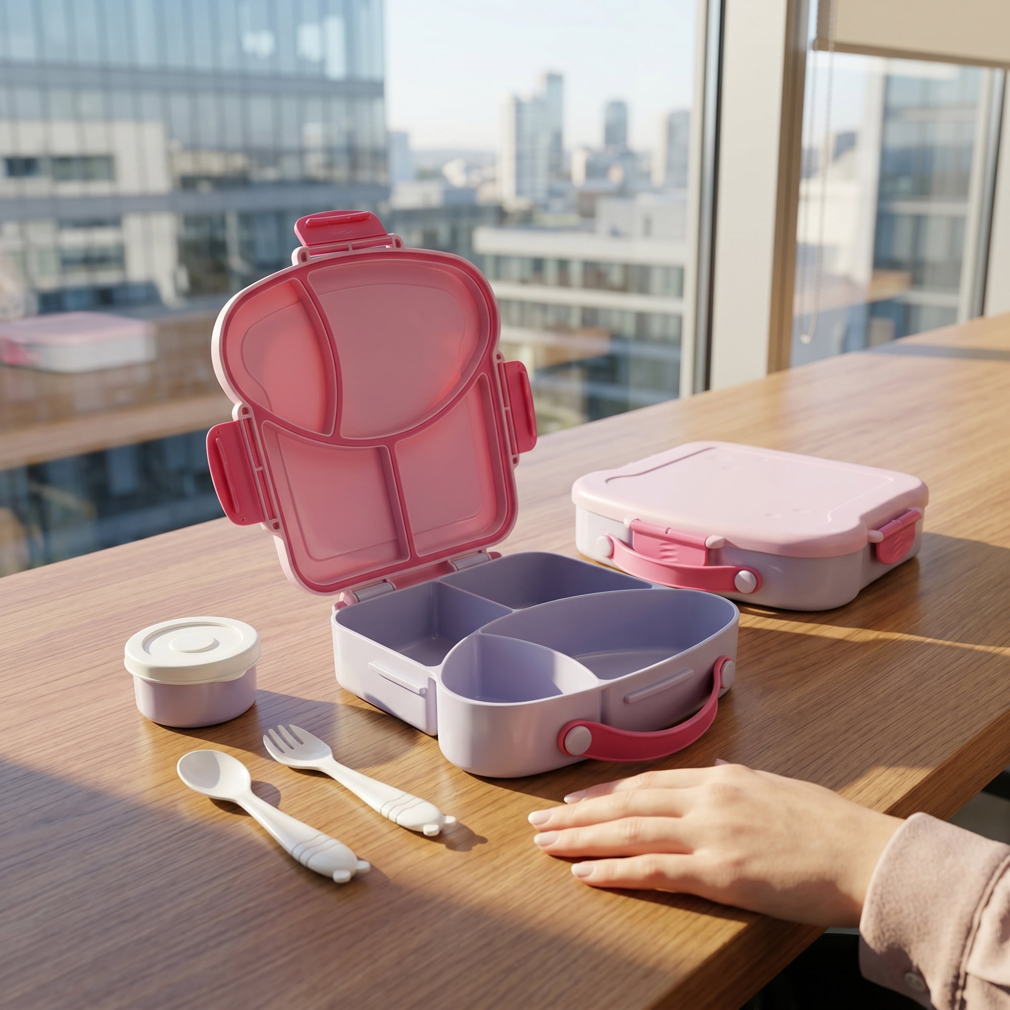 Unique Bargains 4-Compartment Meal Lunch Bento Box with Matching Cutlery Taro Purple