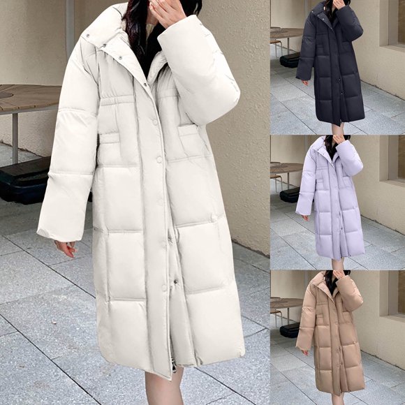 EGNMCR Womens Long Puffer Coat, Long Sleeve Padded Winter Down Coats, Hooded Parka Jacket Women's Fashion Loose Long Sleeve Cotton-Padded Jacket Long Frock Coat Women Coat