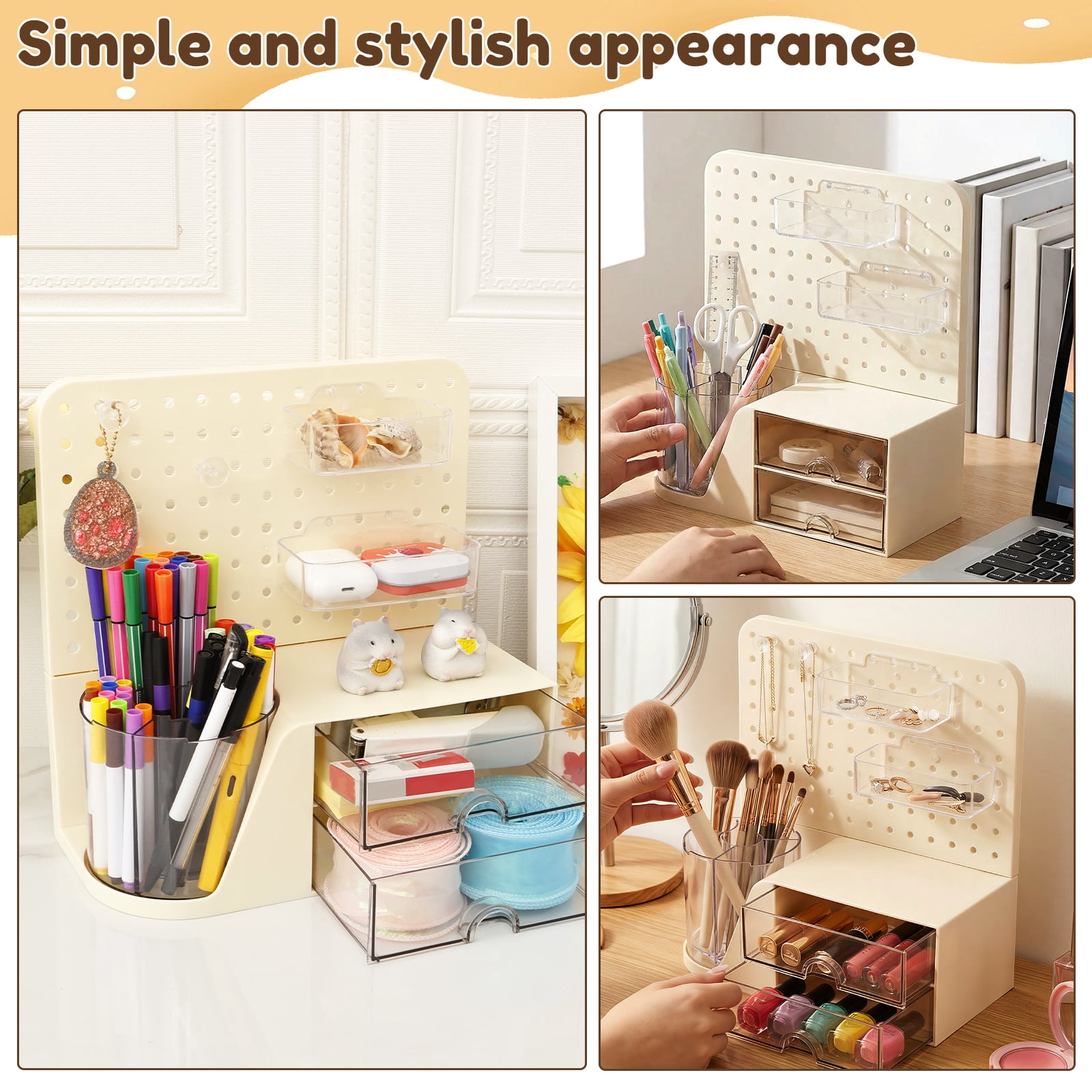 Grusce Desk Organizer, Multifunctional Pen Holder and Office Accessories, Large Capacity Pen Organizer Holder with 2 Drawers, Desktop Organiser Tabletop Caddy for Desk Office Supplies