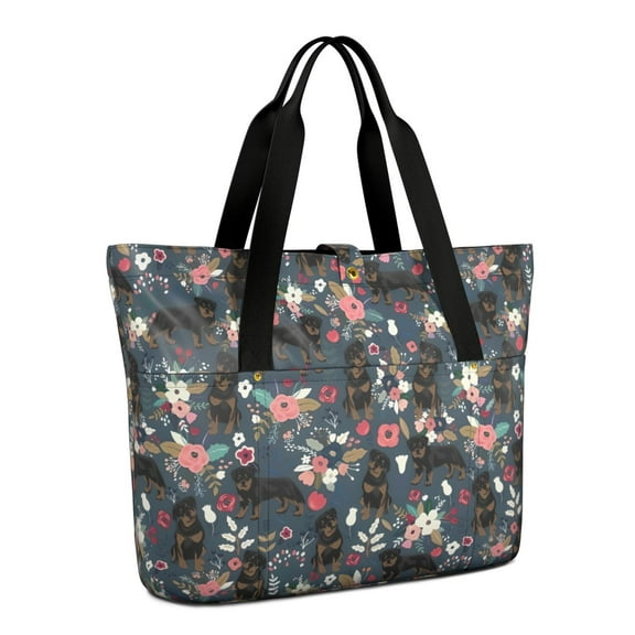 Tote Bag for Women - Rottweiler Dog and Flower Floral Shoulder Bag - Large Utility Work Duffle Bag with Zipper Handbag for Travel, Work, Sprots