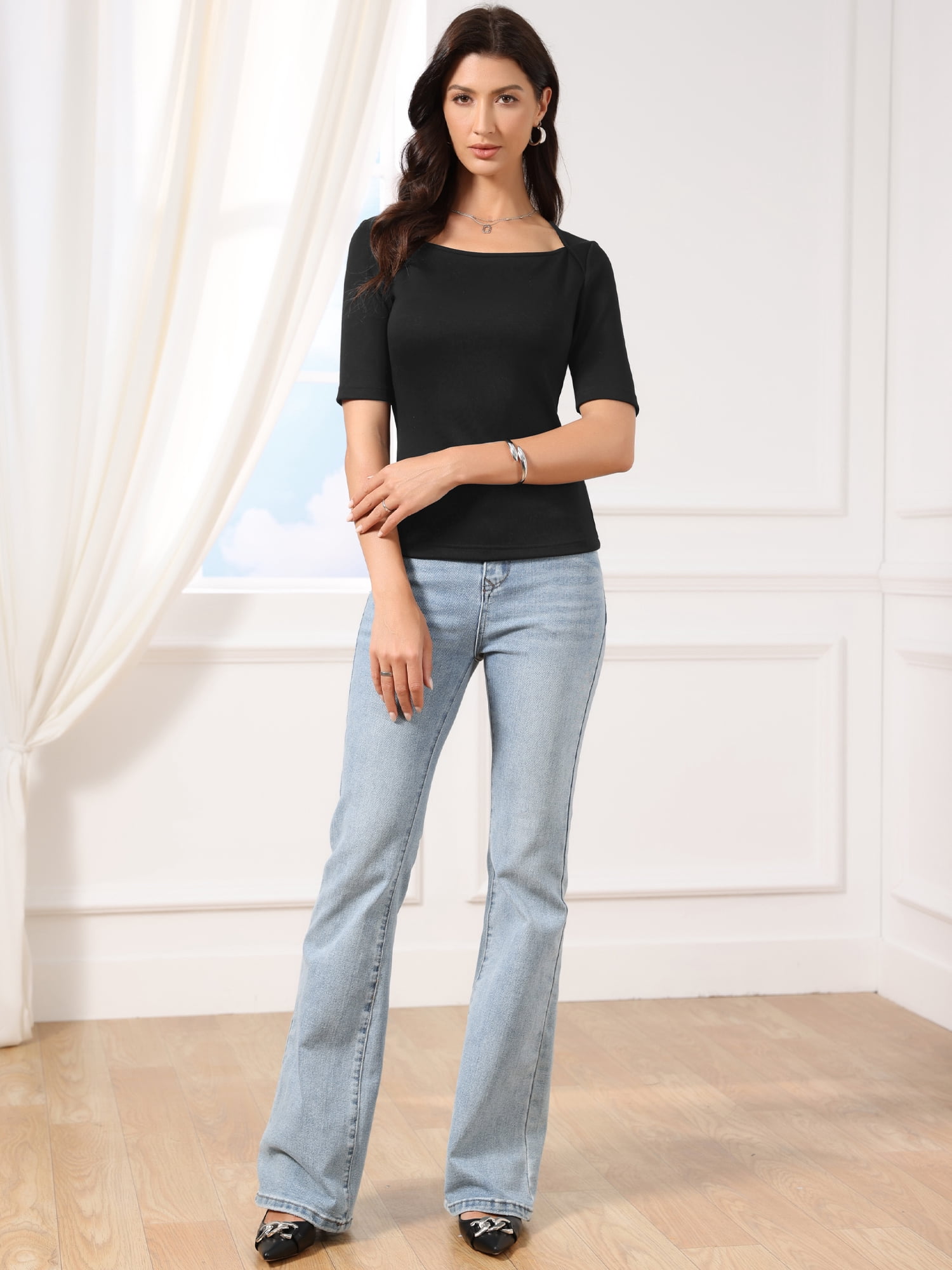 DARING DIVA Women's Square Neck Tops Half Sleeve Fitted Dressy Casual Blouse M Black