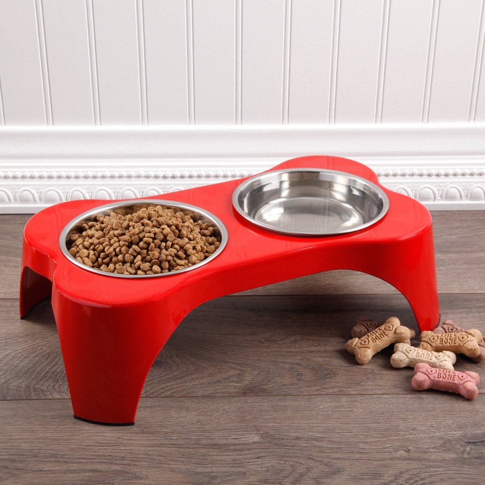 Gibson Home Bow Wow Meow Large Bone Shaped Elevated Feeder Pet Bowl