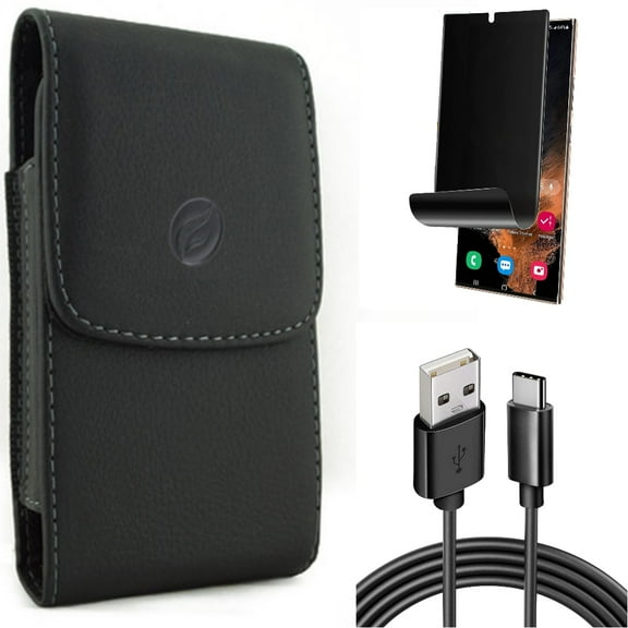 6ft USB Cable & Privacy Screen Protector & Case Belt Clip for Samsung Galaxy S22 Ultra (6.8") - Combo Type-C Charger Cord Power & TPU Film (Fingerprint) Anti-Peep & Leather Holster Cover