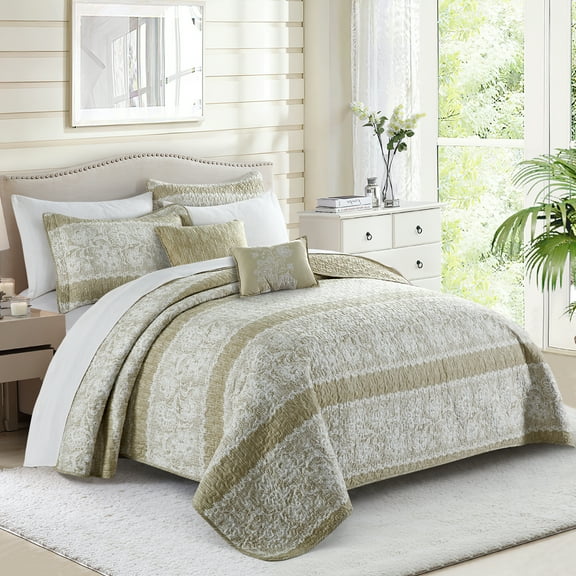 Home Soft Things 5 Piece Printed Microfiber Quilts Bedspread Set - Emma - Taupe - Oversize (122" x 106")