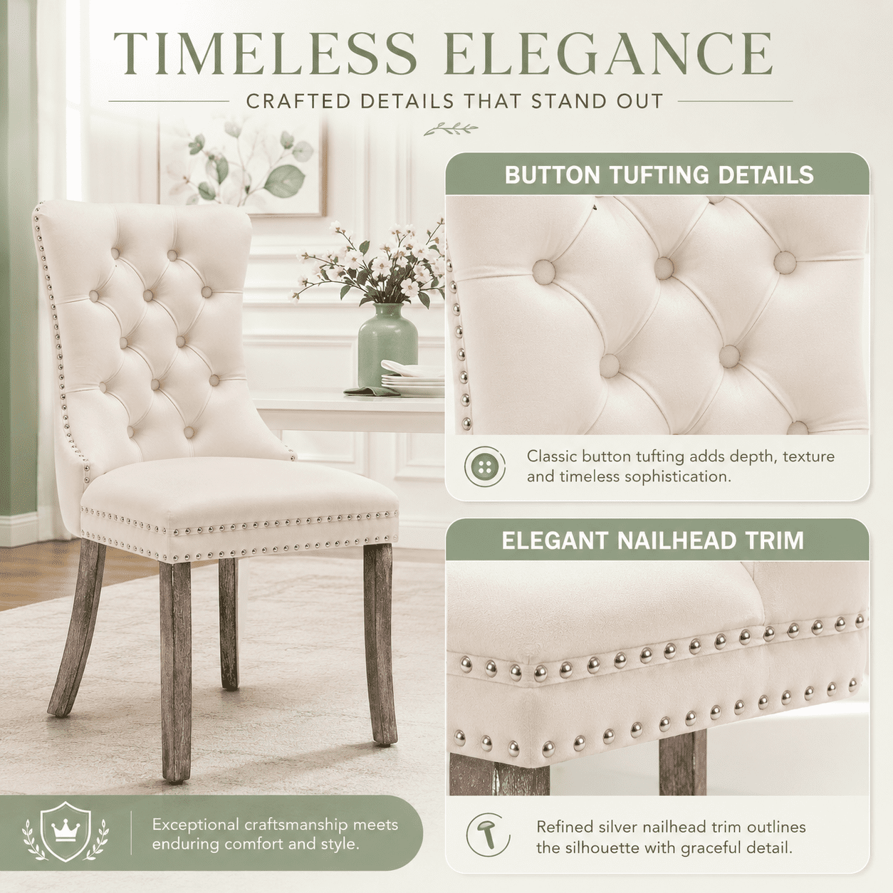 LegaHome Dining Chairs Set of 2, Velvet Upholstered Dining Chair with Nailhead Trim&Solid Wood Legs, Button Padded Dining Chairs Set for Kitchen Dining Room Living Room, Beige