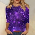 thumbnail image 2 of Virmaxy Womens 2024 3/4 Sleeve Halloween Printed Crew Neck Top Fashionable 3/4 Sleeve Halloween Printed Round Neck Pullover Top Purple-3 XXL, 2 of 5