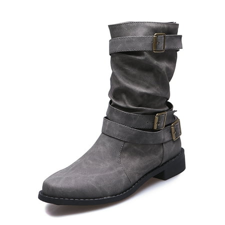 

Kesitin Women Strap Buckle Pull On Fashion Boots Walking Non-slip Winter Shoes Lightweight Round Toe Grey 7