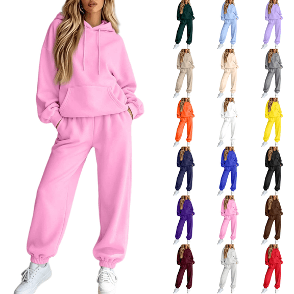 Sweatsuits Women 2 Piece Outfit Track Suit Oversized Hoodie with Pocket Wide Leg Sweatpant Sweat Set Fall Winter Clothes Pink S