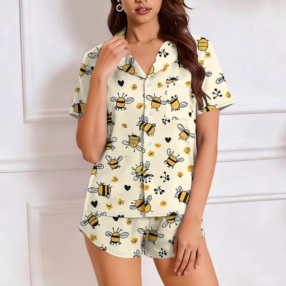 Sets for Women, Bee Print Stretch Short Sleeve Shirt and Elastic Waist Shorts Set for Casual Pajamas Khaki S