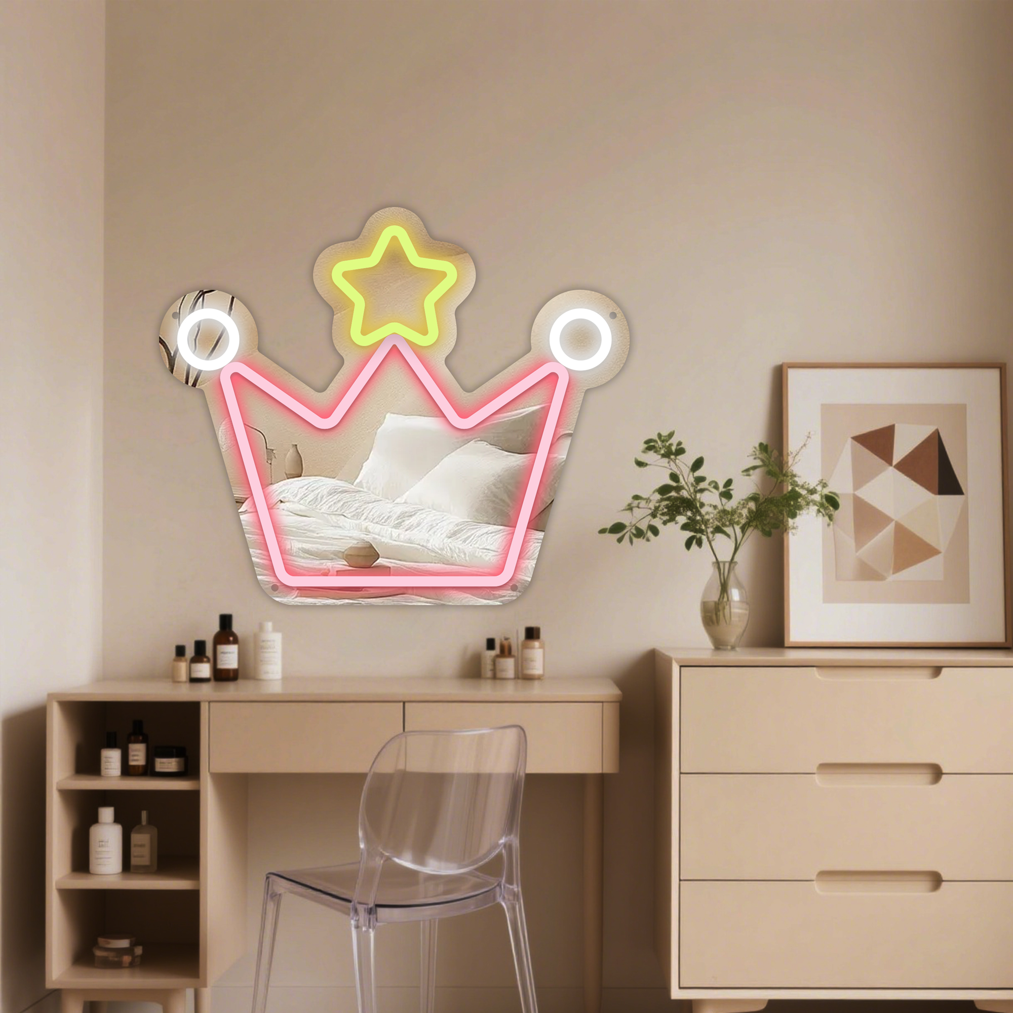 Anime Crown Mirror with Light Neon Signs for Wall Decor, Neon Mirror with Dimmable for Teen Girls Gift，Makeup Mirror Neon Signs Cute Acrylic Mirror for Girls Room