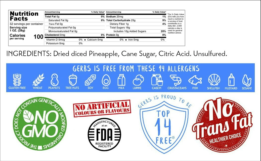 GERBS Dried Pineapple Cubes 2 LBS. | Freshly Dehydrated Resealable Bulk Bag | Top Food Allergy Free | Sulfur Dioxide Free Diced Pineapple|Effective in acne flairs & bone health | Gluten & Peanut Free