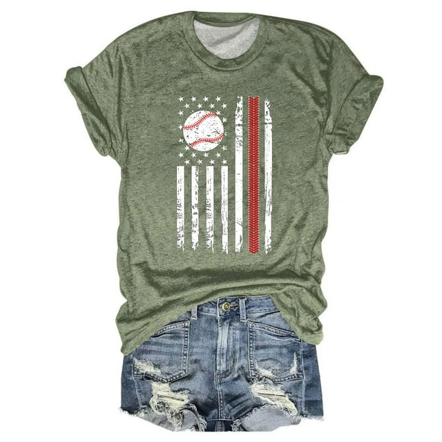 Hauts d'Été pour Femmes, 2024 Blouses Décontractées Chic pour l'Entraînement T-Shirts T-Shirts de Baseball pour Femmes à Imprimé Col Rond Multicolore Multi Tailles Été Manches Courtes Vert