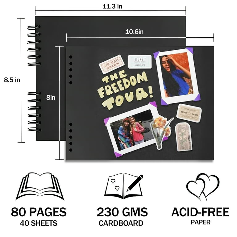 Yalumo 80 Pages Scrapbook Album, Photo Album Scrapbook 11.3x8.5 Inch with 12 Markers, Cardboard Scrapbooking Kit for Family DIY Wedding Birthday Anniversary, Black, Graduation Gifts