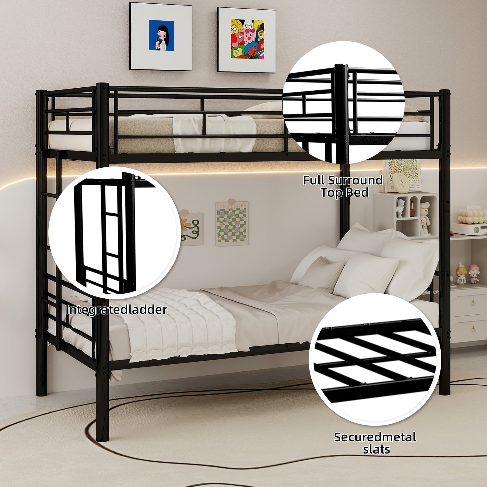 Twin Over Twin Metal Bunk Bed for Kids Boys Girls, Heavy Duty Steel Structure Bedframe with Ladders & Full Guardrail, Converts to 2 Separate Beds, No Box Spring Required, Black