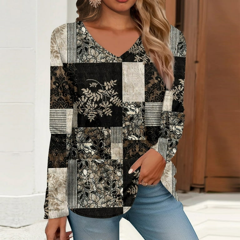 Knosfe Basic Tops to Wear with Leggings Boho Geometric Long Sleeve Ladies  Shirts Dressy Loose Trendy Fall Tunic Tops Business Casual Women's Blouse
