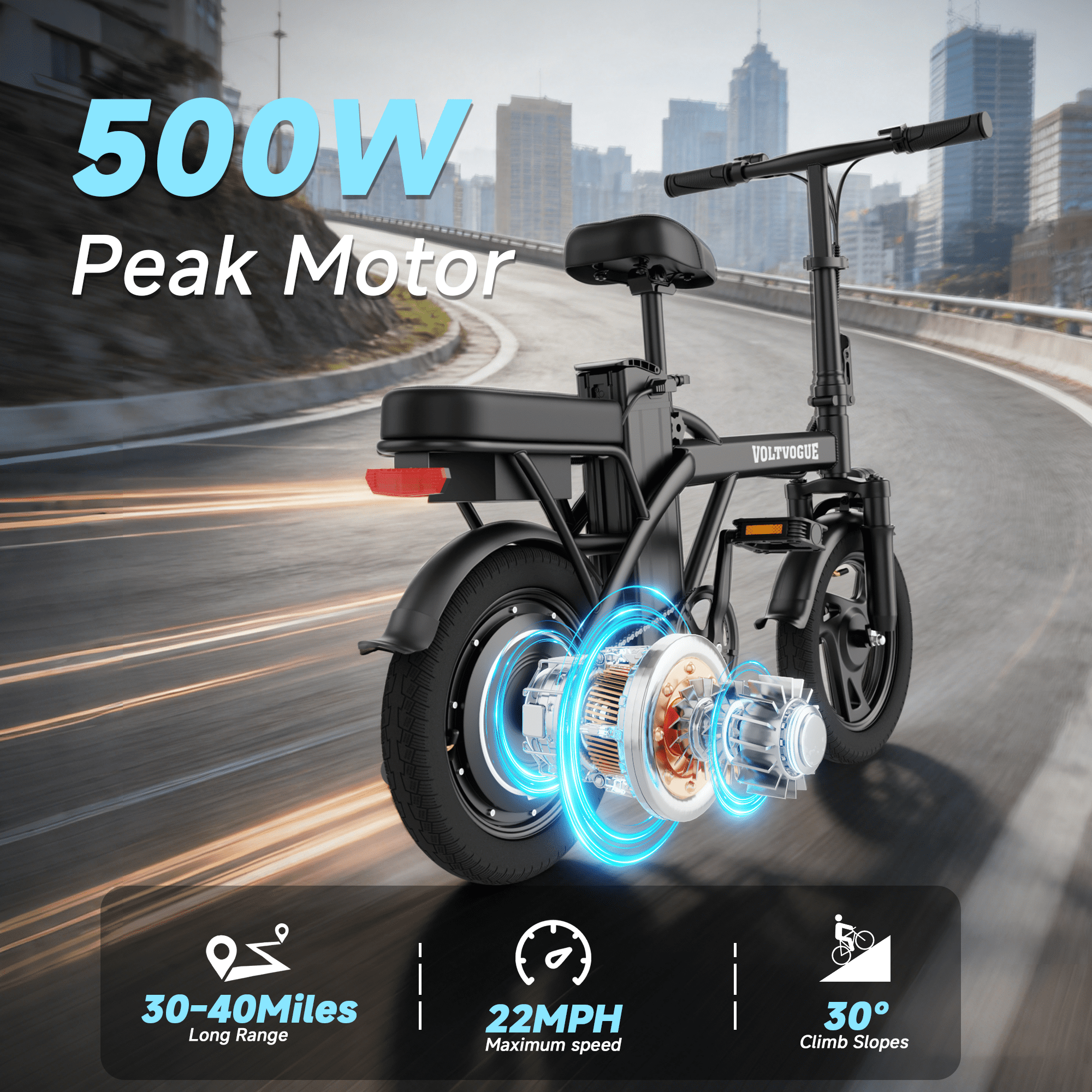 VOLTVOGUE VV-14 Adult Electric Bike, 14" Fat Tire Ebike, 500W Motor, 48V 9Ah 432Wh Battery, Speeds Up to 22 MPH, Dual Brakes, Front Suspension, UL 2849 Certified, Recommended Age 16+