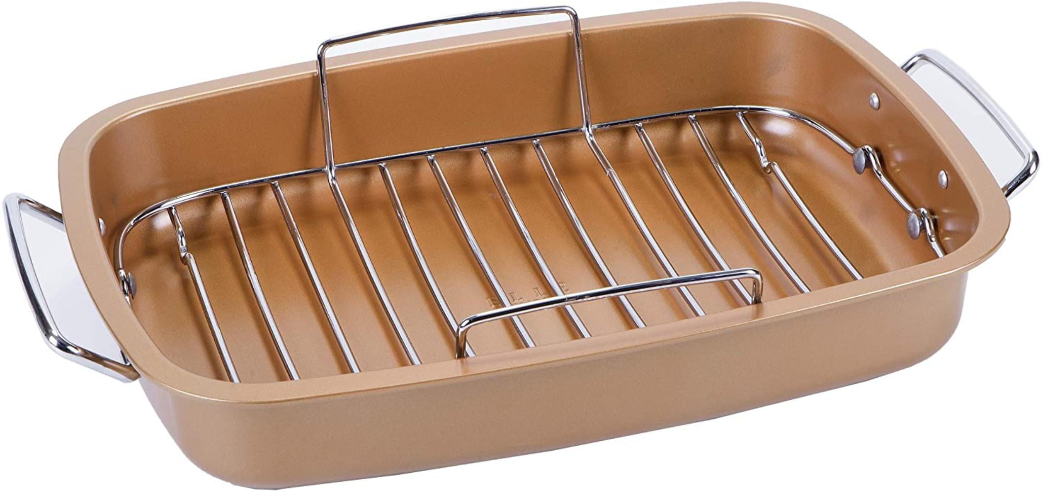 Elle Gourmet Copper Roasting Pan with Rack and Handles for Turkey Chicken 