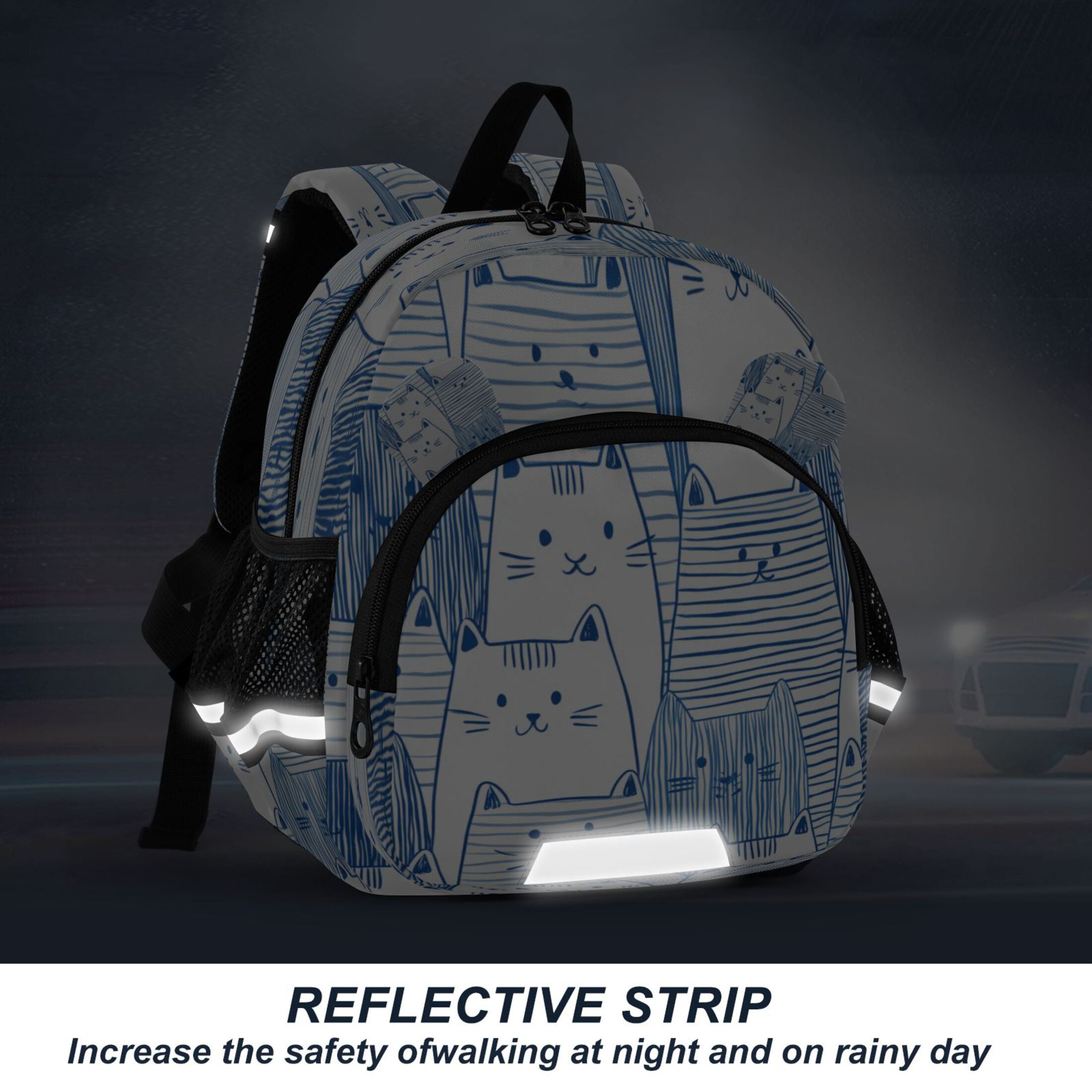 RMDQTR Adorable Ear-Print Backpack with Reflective Strip and Anti-Lost Leash Adjustable Shoulder Straps Mini Travel Backpack Cute Cat in Blue