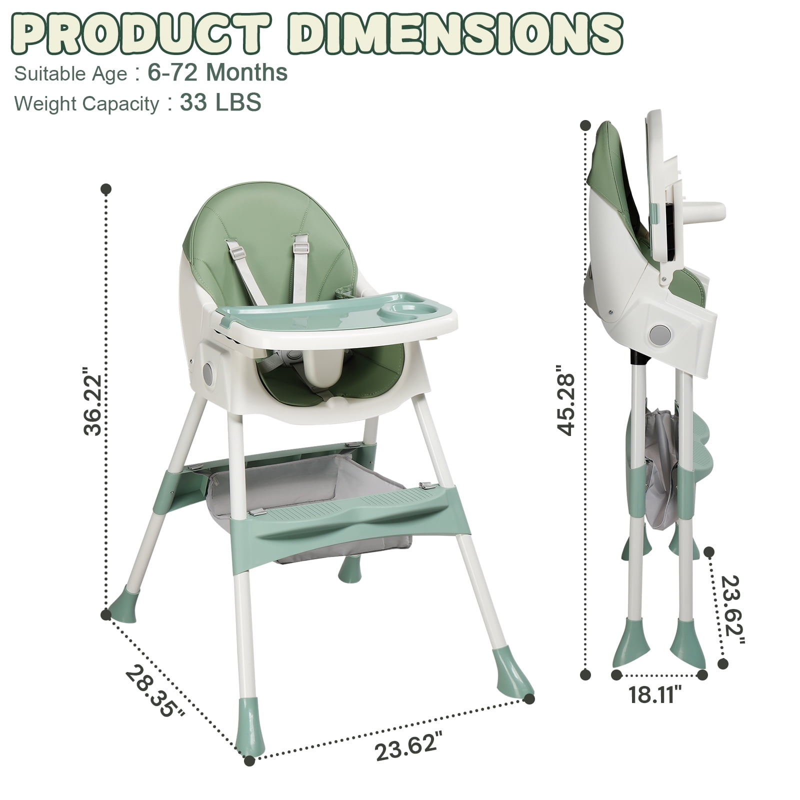 Ktaxon Baby High Chair, Convertible 6 in 1 High Chairs for Babies and Toddlers, Foldable Baby Highchair with 5-Point Safety Harness, Adjustable Dining Tray, Backrest & Height, Green