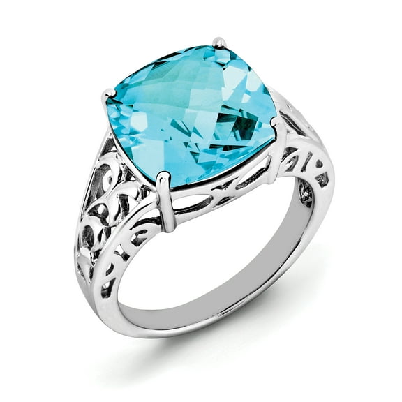 Sterling Silver Rhodium Checker-Cut Blue Topaz Ring QR2943BT