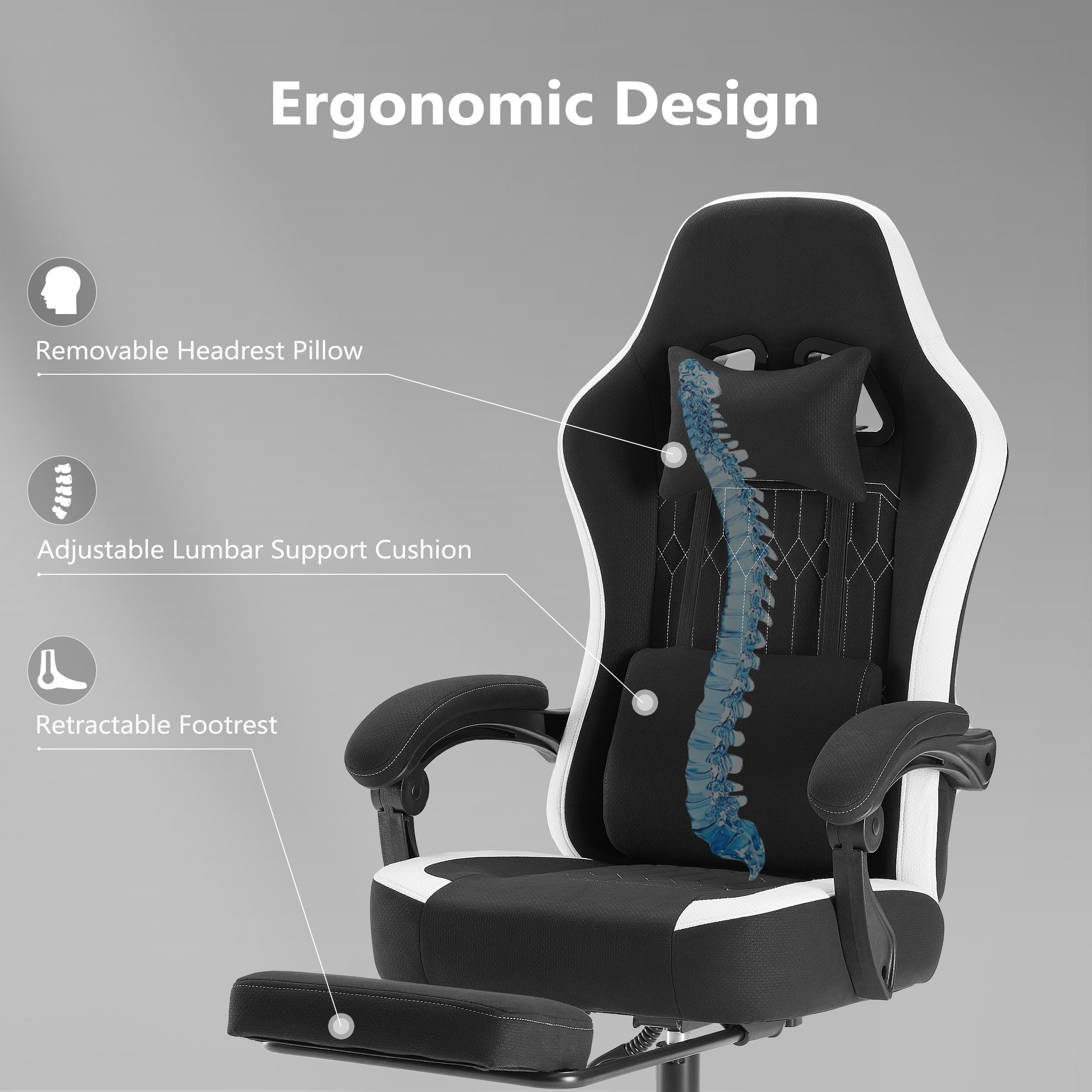 Gaming Chair, Ergonomic Computer Chair with Footrest, Lumbar Support, Headrest, Comfy Seating with thicken cushion, Black