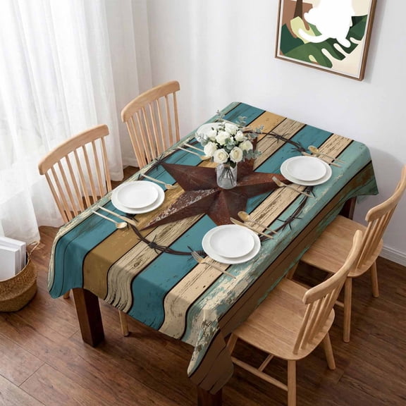 Texas Star Retro Table Cloth Waterproof Tablecloths, Teal Brown Stars Vintage Wooden Tablecloth Dining Table Cover for Kitchen Party Tabletop Outdoor, Rectangle Tablecloth 52x70 Inch