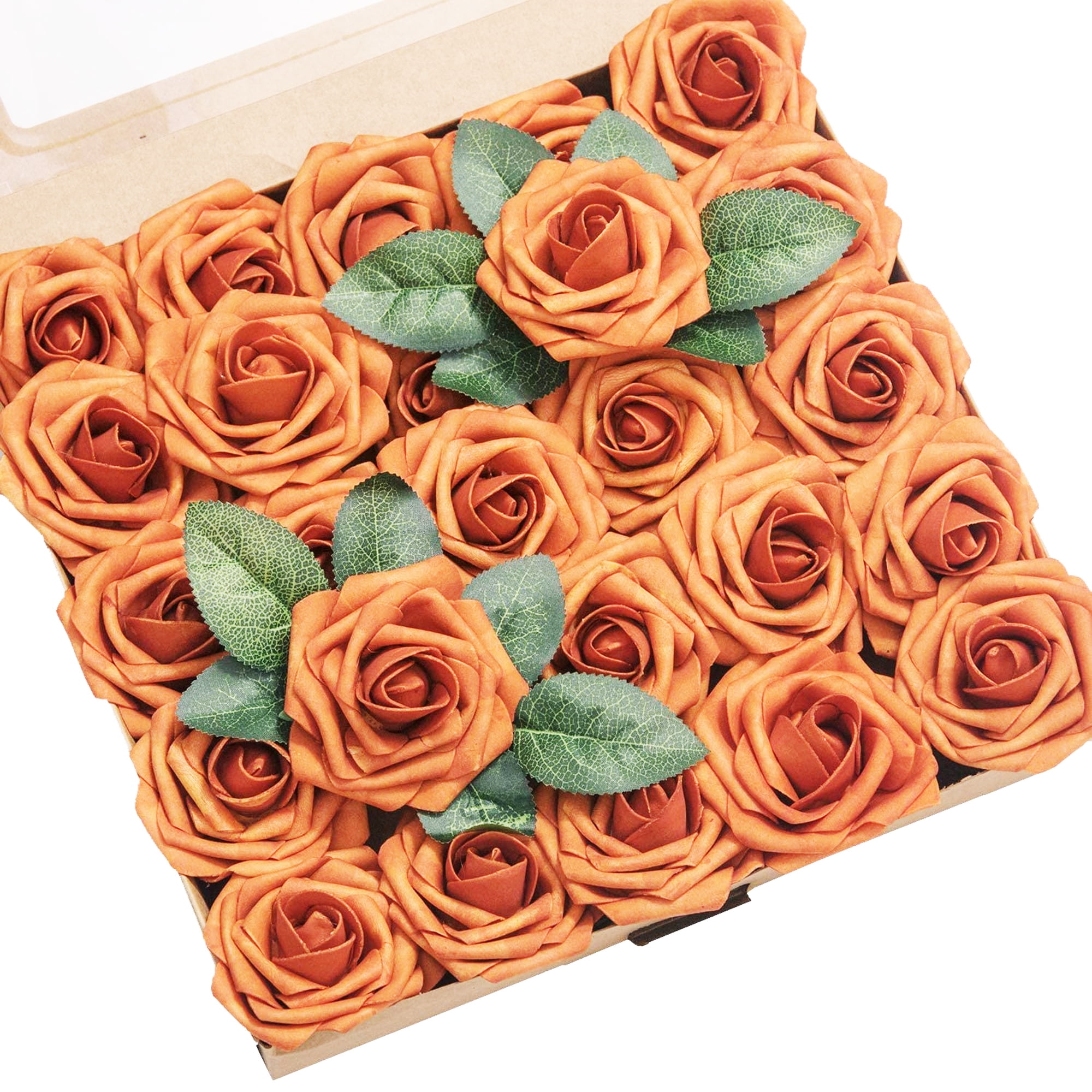 Burnt Orange Flowers, Fake Flowers for Decoration Rose with Stem, 25pcs