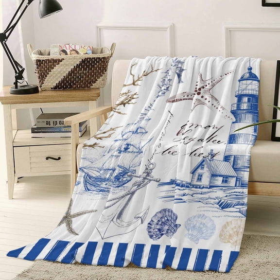Fleece Blanket Starfish Nautical Anchor Shell Boat Blankets, Soft Cozy Warm Flannel Throw Blanket, Lighthouse Vintage Blue Stripe Blanket for Bed Couch Sofa,40x50In
