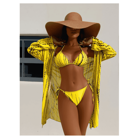 Women's Bright Yellow & Black Tie Dye Print Halter Bikini with Long Sleeve Cover-Up Kimono - 3-Piece Swim Set for Beach, Pool, Vacation S-XL