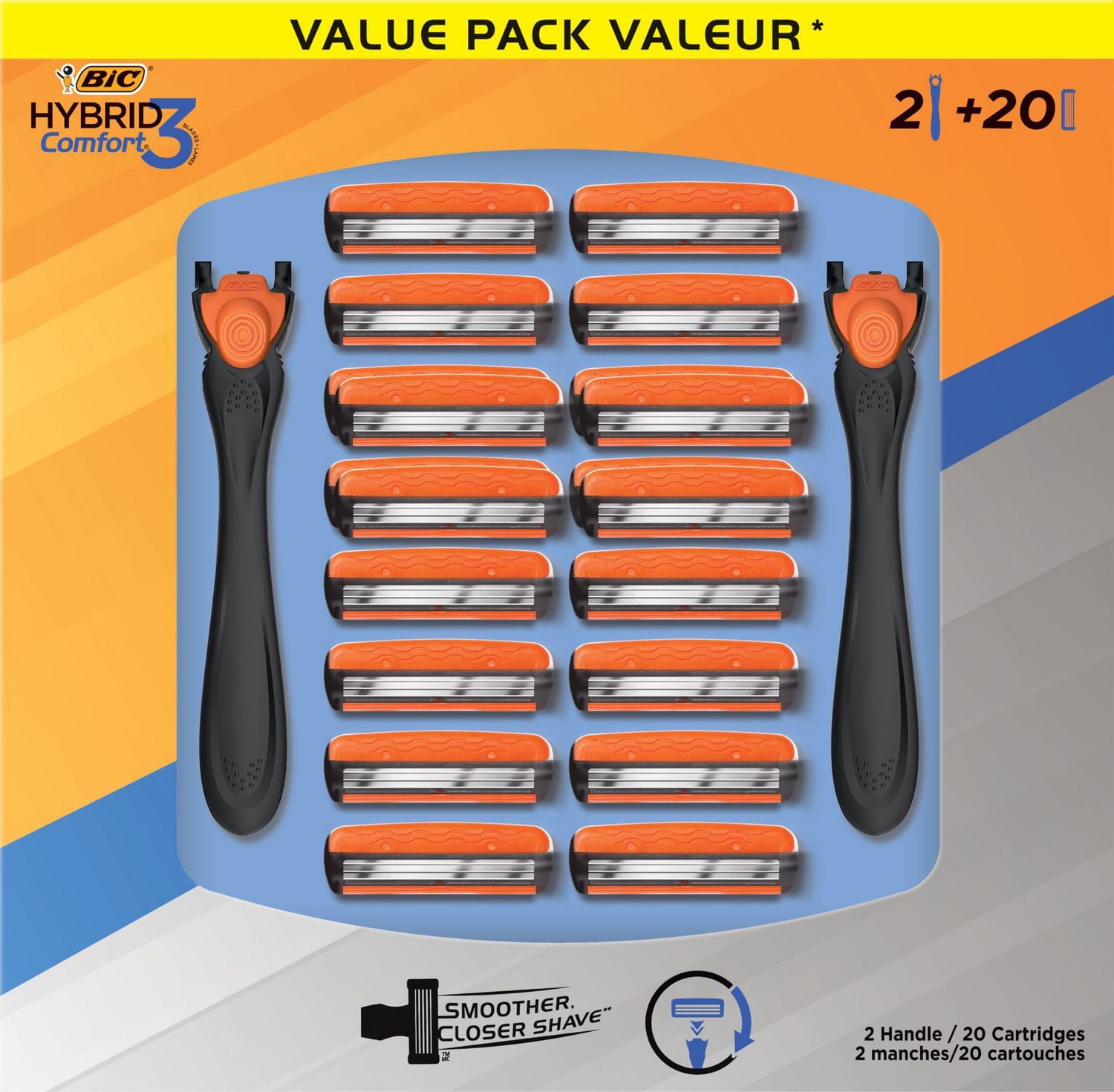 Rasoir jetable rechargeable pour hommes BIC Comfort 3 Hybrid, lames de rasoir, 3 lames, 2 manches et 20 cartouches, pour un rasage confortable, paquet de 20. paquet de 20