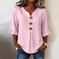 thumbnail image 2 of Oversized Tshirts for Women Casual Cotton Linen Blouse V Neck 3/4 Sleeve Button Decor Loose Fit Pink Summer Tops for Women, 2 of 9