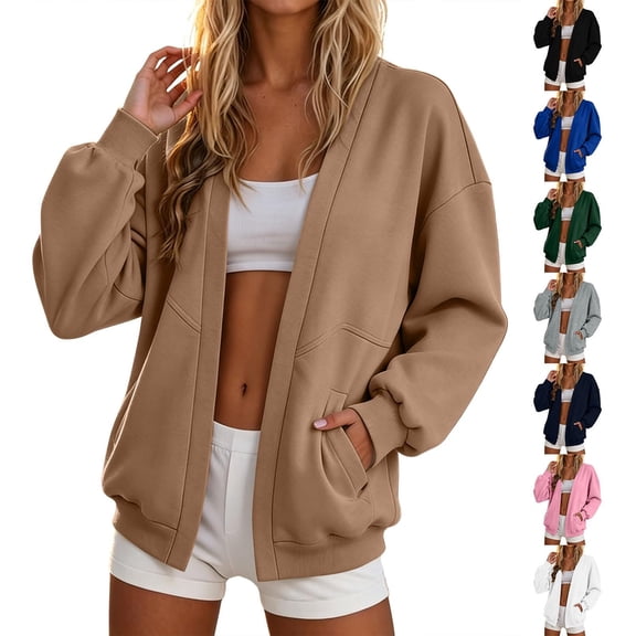 Thousandth Women's Trendy Cardigan Jacket Casual Long Sleeve Pocket Loose Fit Loungewear Daily Fall Workout Layering Jacket for Women