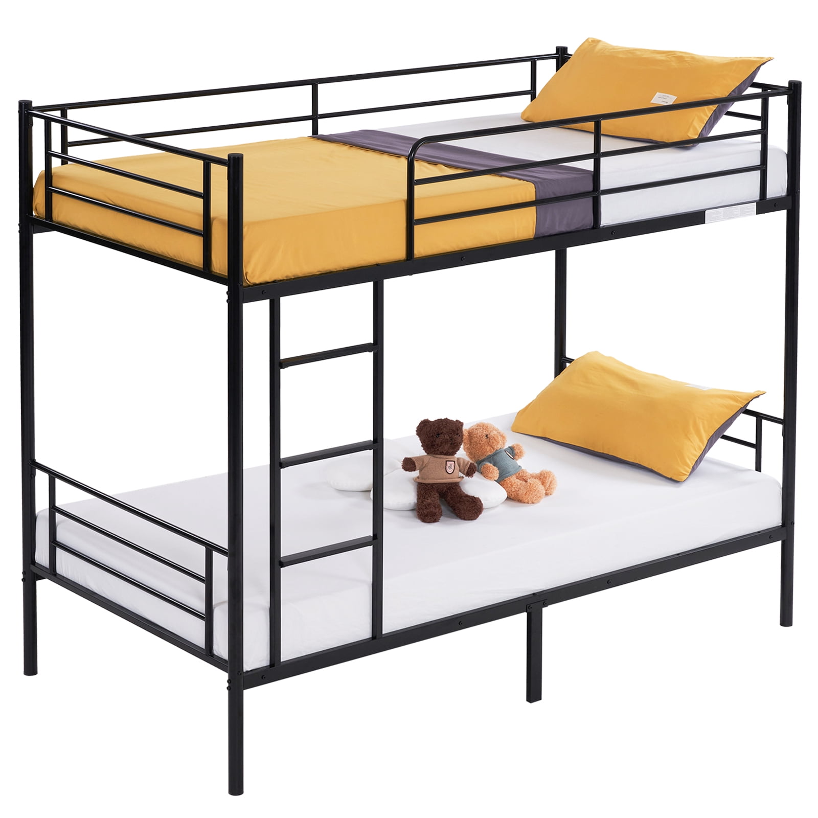 Iron Bed Bunk Bed with Ladder for Kids Twin Size Black