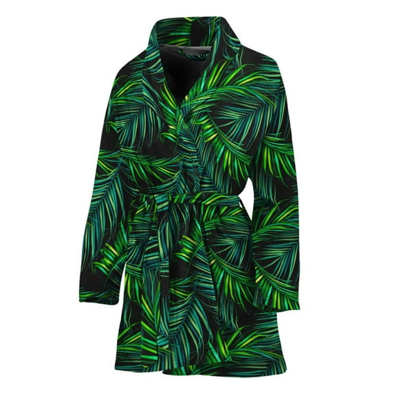 Night Tropical Palm Leaves Pattern Women Bathrobe One Size Univeral Fits, Aloha Tropical Hawaiian Fashion Lightweight Plush Fleece Long Robe For Women