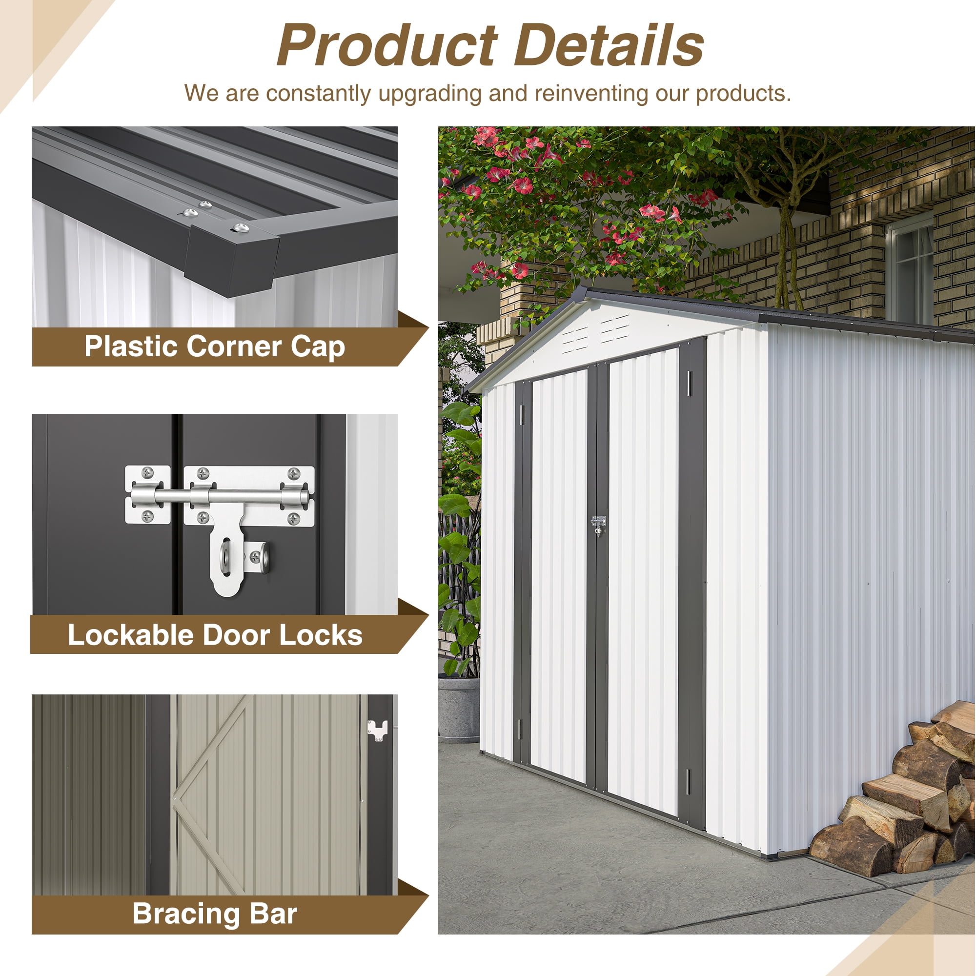 8 x 6 ft Outdoor White Metal Storage Shed, All Weather Metal Sheds with 2 Lockable Doors, Tool Shed for Garden, Backyard and Lawn