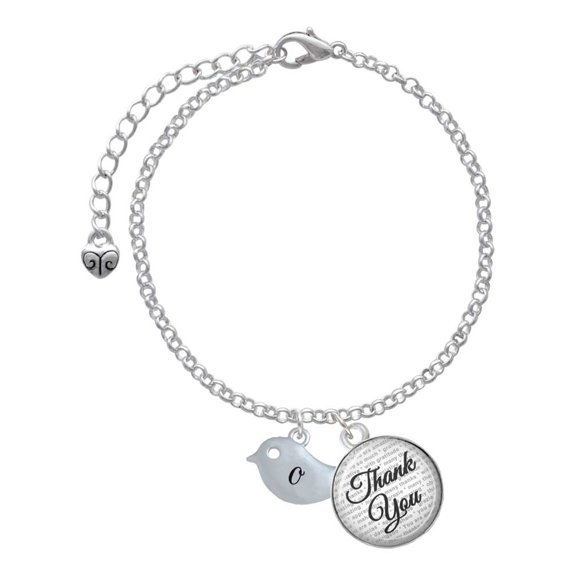 Delight Jewelry Silvertone Little Bird Initial - O - Domed Thank You Charm Bracelet, 6" 2"